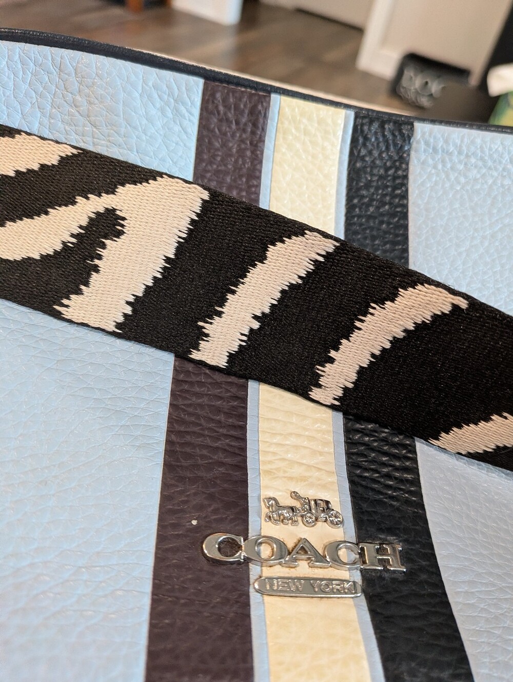 Coach Jes Camera Striped Pebbles Leather With Pebbled Leather Zebra Guitar Strap - Picture 15 of 16
